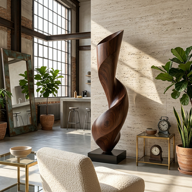 Abstract Wood Sculpture With Tall Spiral Twist Form