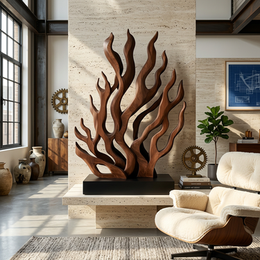 Black Abstract Wood Sculpture With Branching Flame Design