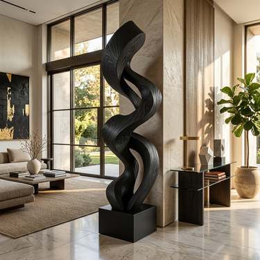 Abstract Wood Sculpture With Light Ribbon Twist Design