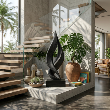 Abstract Wood Sculpture With Open Leaf Twist Form