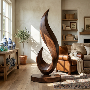 Abstract Wood Sculpture With Tall Flame Curve Design