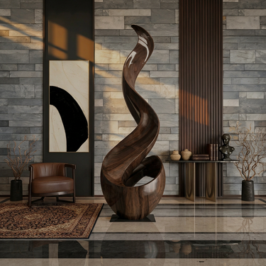 Abstract Wood Sculpture With Tall Spiral Ribbon Design