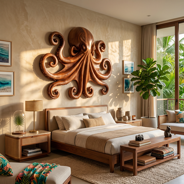 Natural Wood Octopus Wall Art With Carved Tentacle Form