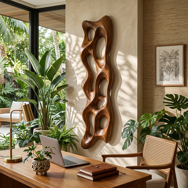 Natural Wood Wall Art With Vertical Flowing Relief