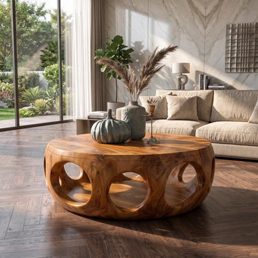 Elara Sculptural Round Solid Wood Coffee Table