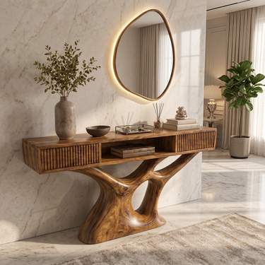 Sculpted Grove Console Table with Fluted Storage & Organic Wood Base