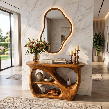 Norevia Organic Wood Console Table with Flowing Shelves