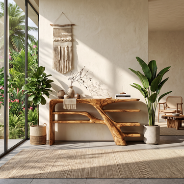 Arboris Cascade Sculptural Wood Console Table with Asymmetric Open Shelves