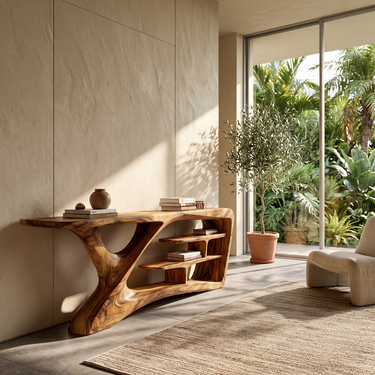 Sylvaren Sculptural Wood Console Table with Integrated Asymmetric Shelves