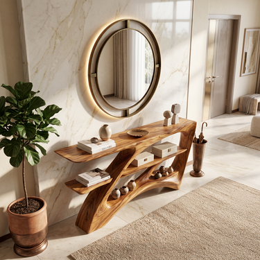 Aurevia Sculptural Wood Console Table with Flowing Asymmetric Shelves