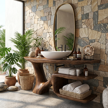 Sculptural Solid Wood Bathroom Vanity with Open Shelves