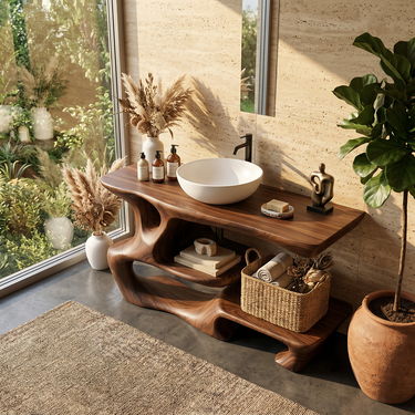 Artisan Curved Wood Bathroom Vanity with Tiered Storage