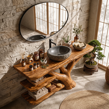 Arbor Haven Sculptural Solid Wood Bathroom Vanity with Open Shelves
