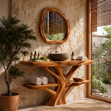 Sylvara Solid Wood Bathroom Vanity with Branch Shelves