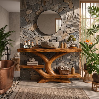 Solara Sculptural Solid Wood Vanity with Open Storage Shelves