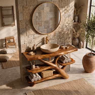 Elowen Solid Wood Bathroom Vanity with Branch Storage Shelves