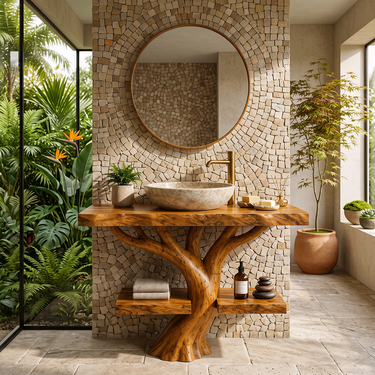 Sierra Sculptural Solid Wood Vanity with Branch Shelves