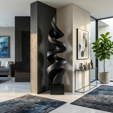 Abstract Wood Sculpture With Vertical Spiral Ribbon Form