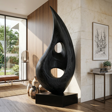 Abstract Wood Sculpture With Double Open Teardrop Form