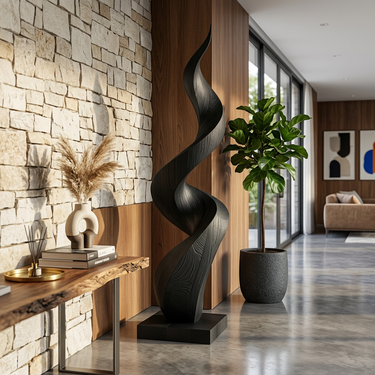 Abstract Wood Sculpture With Slim Spiral Flame Form