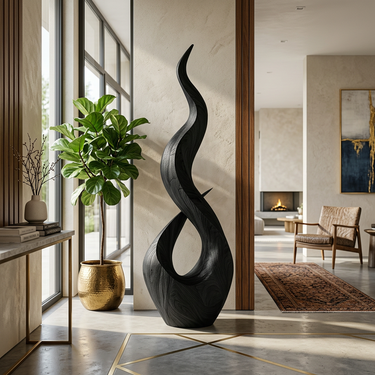 Abstract Wood Sculpture With Open Flame Twist Form