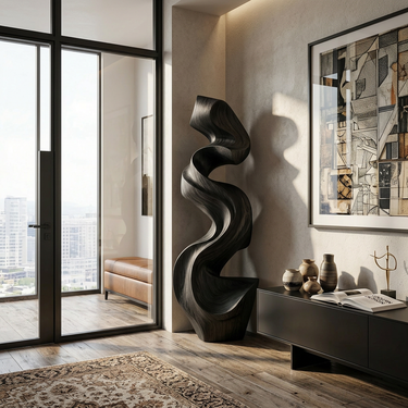 Abstract Wood Sculpture With Sculpted Wave Twist Form