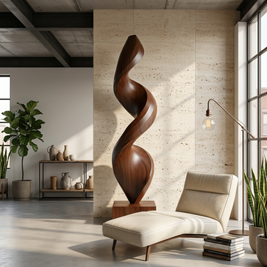 Abstract Wood Sculpture With Tall Fluid Ribbon Form