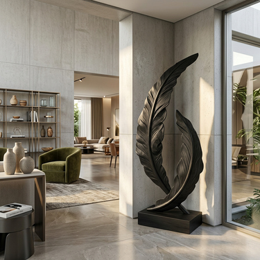 Wood Feather Sculpture With Double Leaf Form