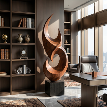 Abstract Crescent Loop Sculpture with Floating Spiral Form