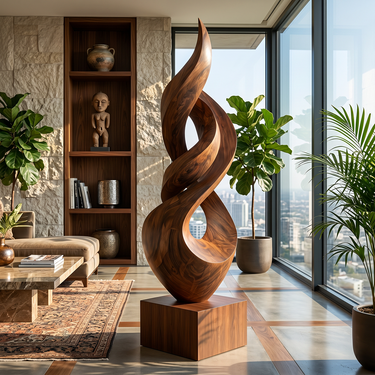 Tall Outdoor Twist Sculpture with Open Flame Form